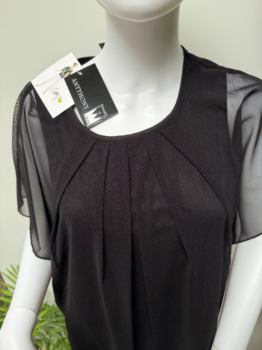 NWT ANTHONY ORIGINAL Black Sheer Tunic Mesh Sleeve Blouse